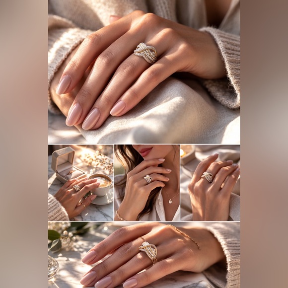 KRN-BR Made Crossover Cocktail Ring Gold With Crystal Accents Size 7 - Picture 3 of 11